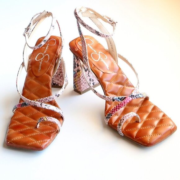 Jessica Simpson Snakeskin Toe Loop Square Toe Ankle Strap Block Heel Sandals - Picture 6 of 16